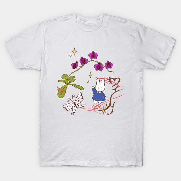 Miffy bunny with an orchid flower and butterfly T-Shirt by Cati Daehnhardt